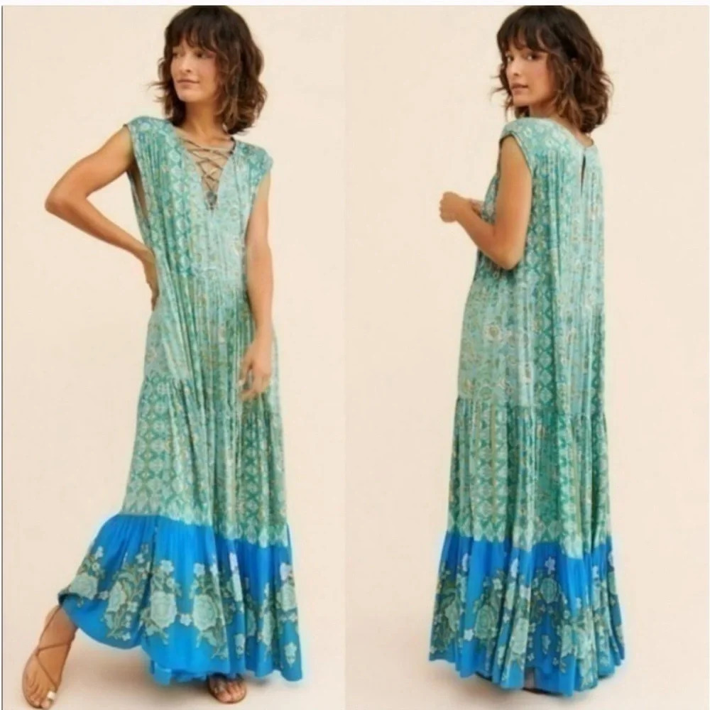 Free People Hanalei Bay Tiered Maxi Dress in Hawaii Breeze Combo Size M NWT